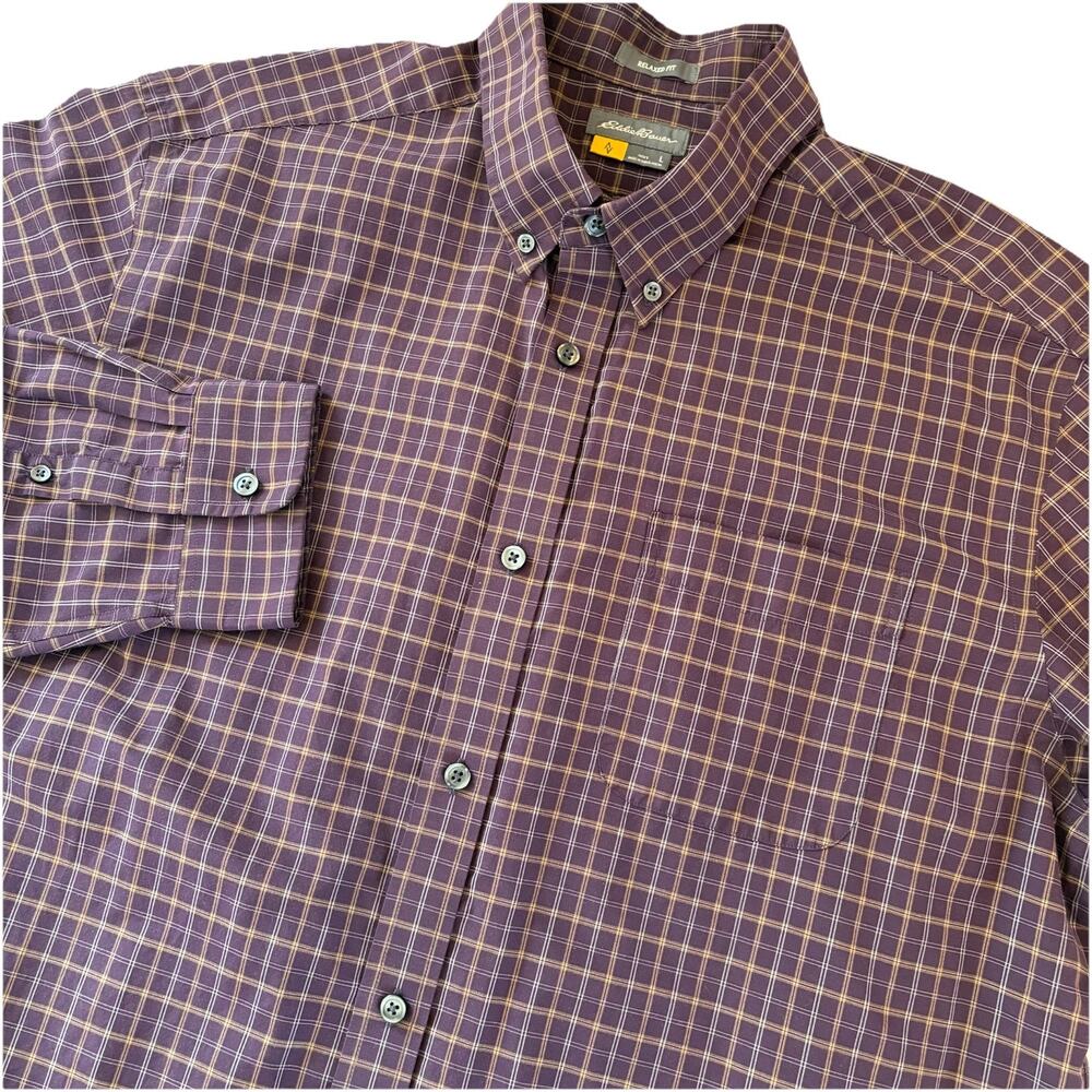 Eddie Bauer Men’s Travex Shirt Purple Plaid Button Down Relaxed Fit Large